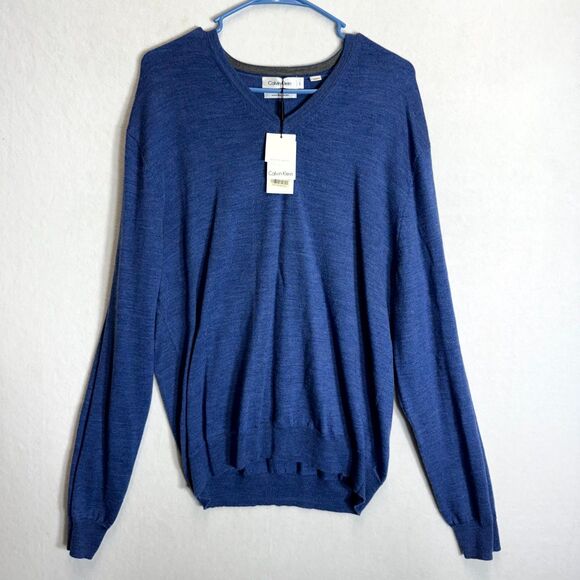 Calvin Klein Men's Blue Wave Extra Fine Merino Wool V Neck Sweater Size Large - Picture 1 of 10